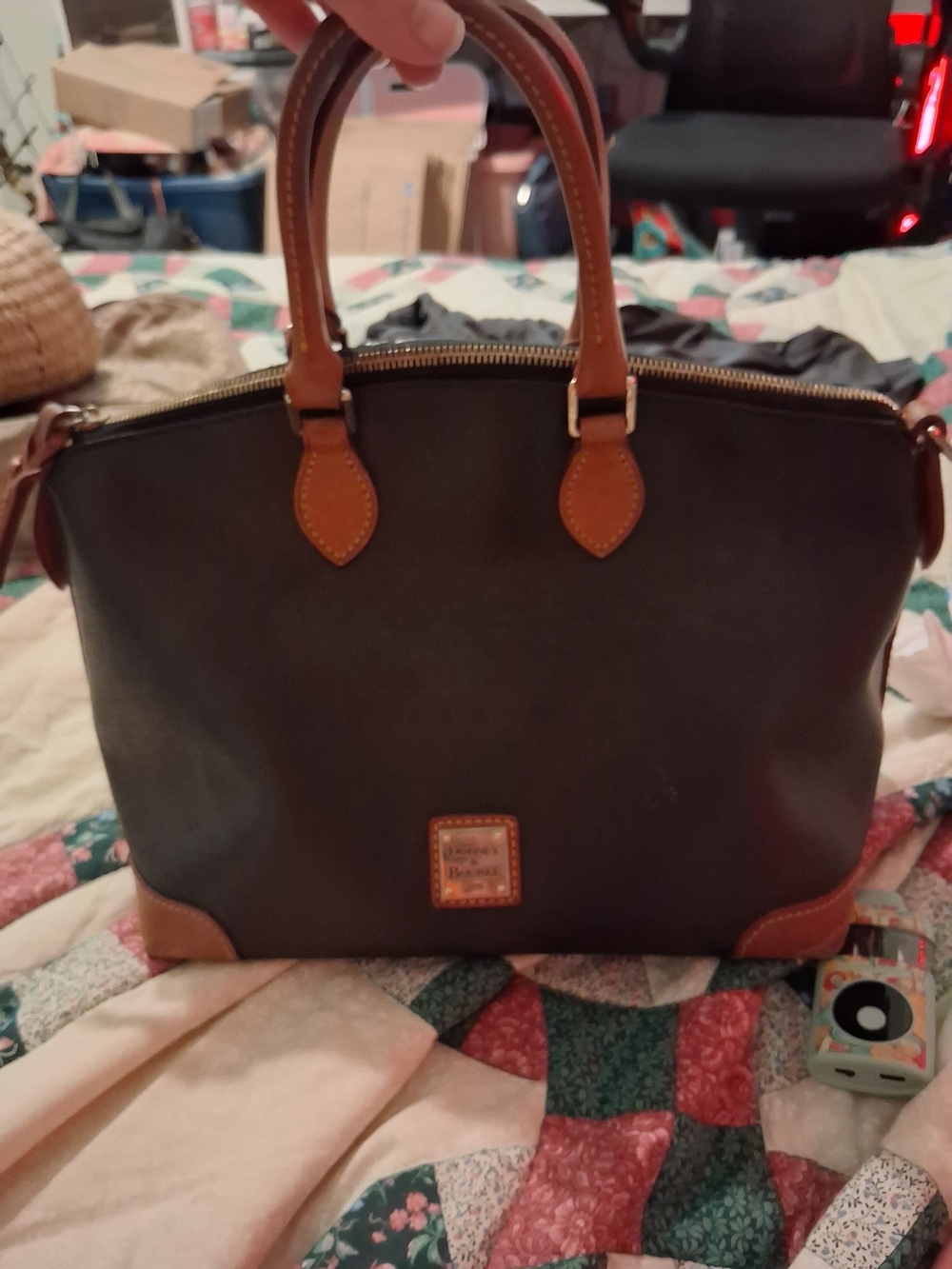 Dooney & Bourke Black Satchel with Brown Trim and Handles